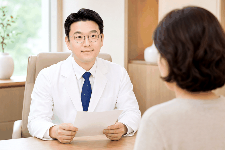 분당 갱년기한약 – 진료실에서 한의사가 여성 환자와 상담하는 모습