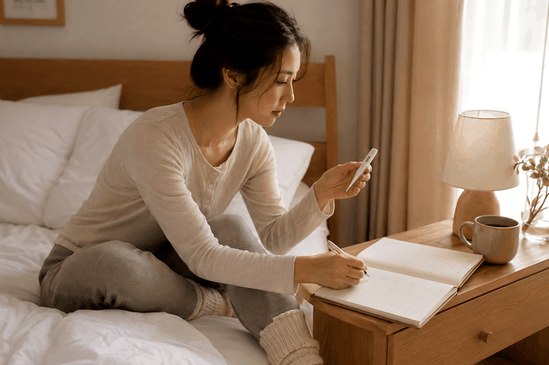 수원 원인불명난임 – 기초체온을 확인하며 노트에 기록하는 여성