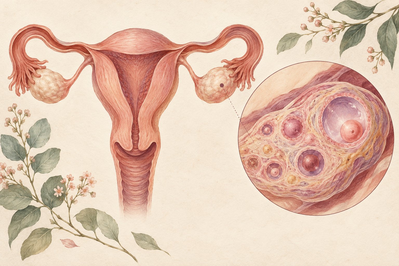자궁과 양쪽 난소 그림 옆에 난소 안을 확대해 크기가 다른 난포들을 보여 주는 일러스트